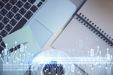 Double exposure of data theme drawing hologram over topview work table background with computer. Concept of technology.