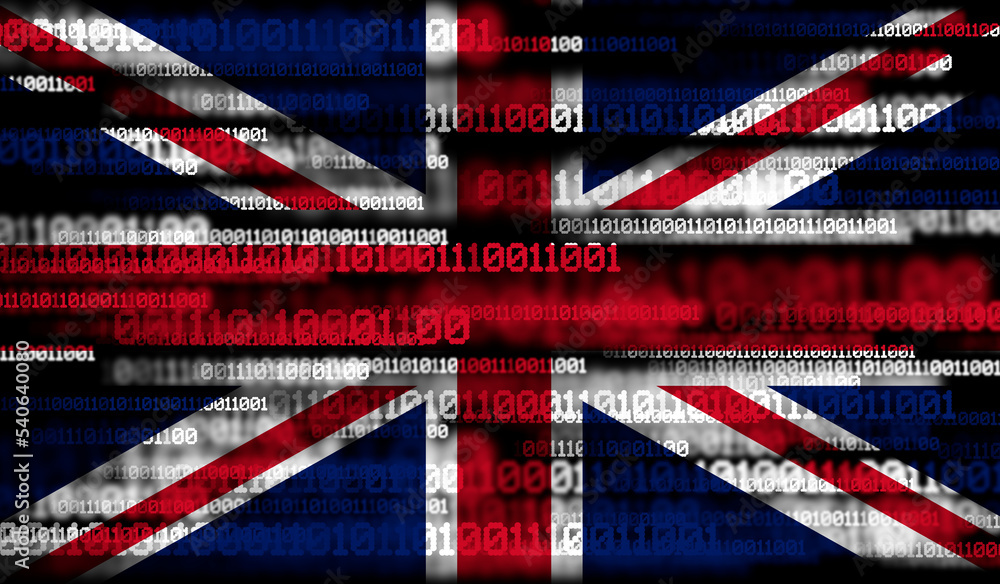 Poster flag of united kingdom on binary code. modern technology concept.
