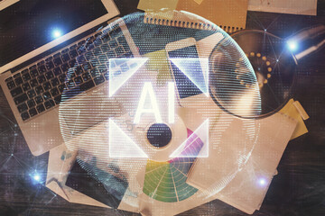 Multi exposure of data theme drawing hologram over topview work desk background with computer. Concept of technology.