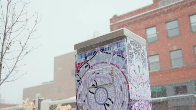 A painted electrical power box during a snow storm in America.