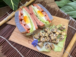 Soft egg and truffle sausagestruffle sausage two tone  sandwiches tempeh