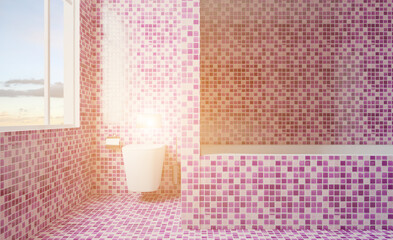 Spacious bathroom in gray tones with heated floors, freestanding tub. 3D rendering.. Sunset.