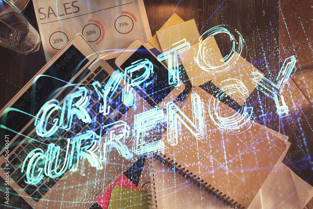 Aufkleber Blockchain theme hologram drawings over computer on the desktop background. Top view. Double exposure.