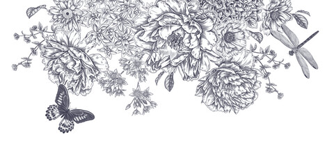 Luxurious decoration. Garland of luxurious blooming peonies, butterfly and dragonfly. © marinavorona