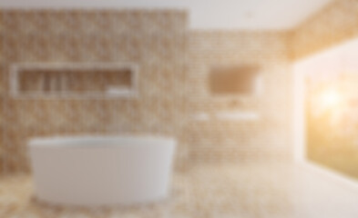 Clean and fresh bathroom with natural light. 3D rendering.. Suns. Abstract blur phototography.