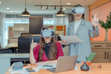 Business woman wearing virtual reality goggles touching air communicate online during vr meeting conference at office. Businesswoman african american female in formal wear using vr headset glasses