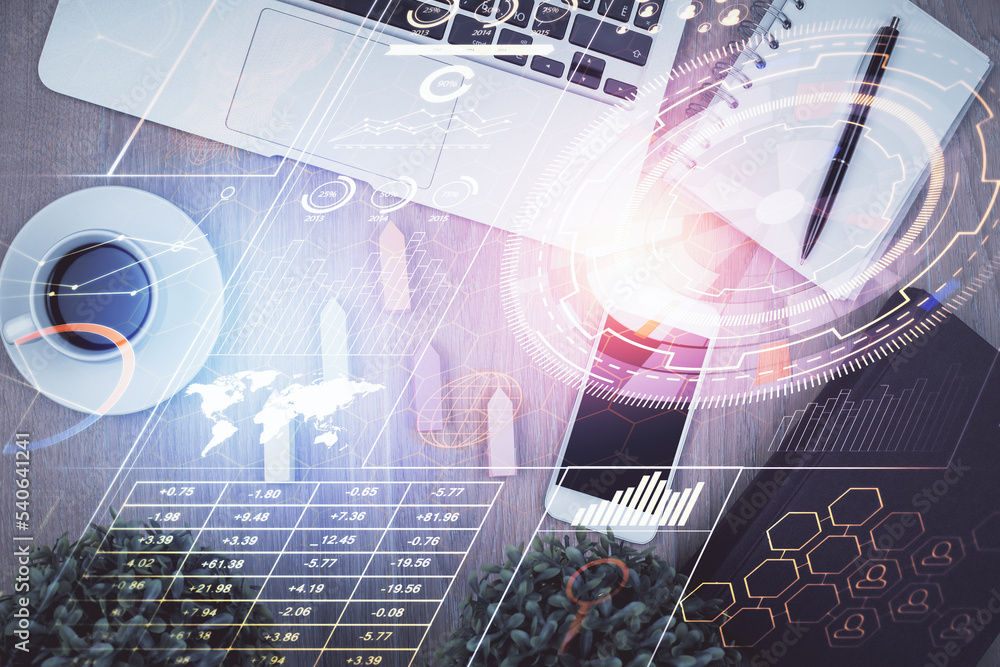 Poster Double exposure of technology theme drawing over work table desktop. Top view. Global data analysis concept.