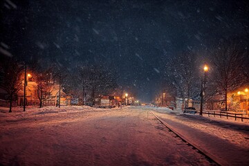Winter snowy small cozy street with lights in houses, falling snow town night landscape. Winter...