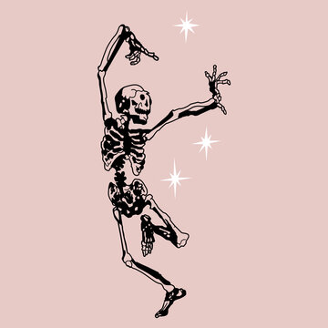 dancing skeleton.vintage illustration in linear style.typography t-shirt print.vector illustration for different uses