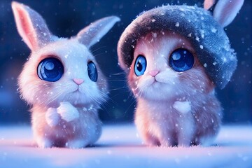 cute rabbit on falling snow background 3d illustration	
