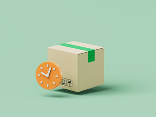 Simple cartoon delivery box with clock mark 3d render illustration.