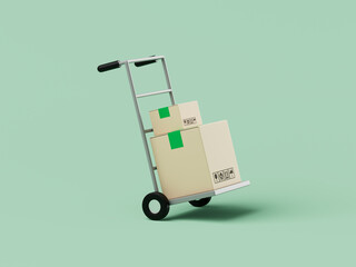 Simple cartoon hand truck with cardboard deliery boxes on it 3d render illustration.