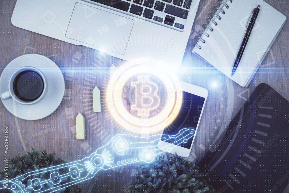 Poster Double exposure of blockchain theme hologram over table with phone. Top view. Crypto technology concept.