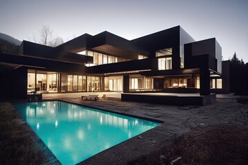 Fototapeta premium Outdoor Industrial Contemporary mansion with sleek led light design