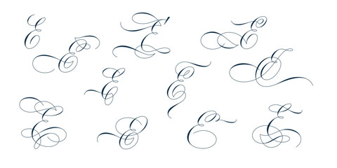 Set of beautiful calligraphic flourishes on capital letter E isolated on white background for decorating text and calligraphy on postcards or greetings cards. Vector illustration.