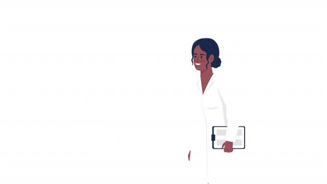 Animated smiling doctor character. Female medical professional giving advices. Flat person HD video footage with alpha channel. Color cartoon style illustration on transparent background for animation