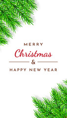 Fototapeta premium Garland of realistic branches pine on white background. Christmas isolated vector frame of 3d spruce for banner, poster, package or holiday card decoration