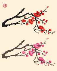 Plum blossom drawing presented in Chinese ink painting style. Vector. Chinese word means plum blossom.