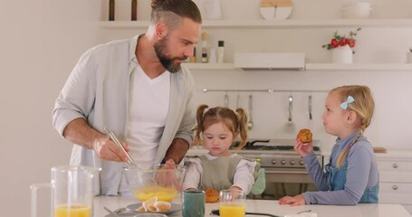 Cooking, bake and father with children eating muffin dessert for lunch together in kitchen for holiday bonding, learning and house development. Help, care and love of dad with eggs teaching girl kids