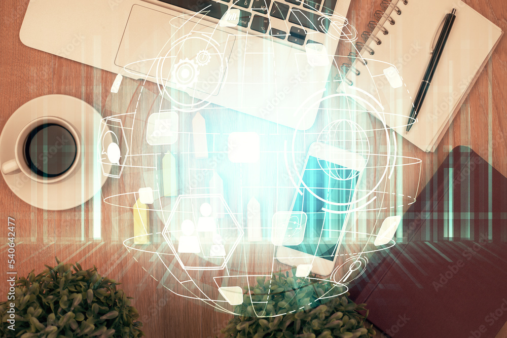 Aufkleber double exposure of social network theme drawing over table with phone. top view. people connecting c