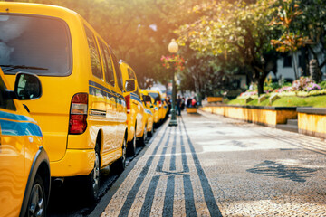 line of yellow taxis in Funchal city. Madeira Portugal
