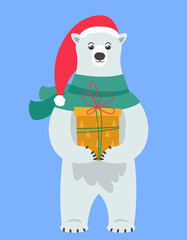 Polar bear holding gift. Christmas character in cartoon style.