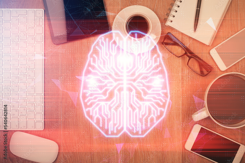 Poster multi exposure of brain drawing over work table desktop. top view. global data analysis concept.