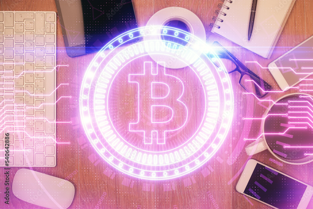 Poster Double exposure of blockchain theme hologram over table with phone. Top view. Crypto technology concept.