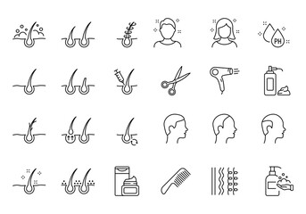 Hair Care and Loss Problem. Shampoo, Dandruff, Haircut, Growth and Alopecia Line Icon. Treatment and Problem of Hair. Barbershop Tools Flat Linear Icons. Editable stroke. Isolated Vector illustration