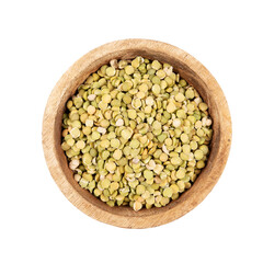 Split peas. Isolated. Transparent background. In a bowl. Top view. Food collection. Precision cut and impeccable finish that allows the addition of colored backgrounds.