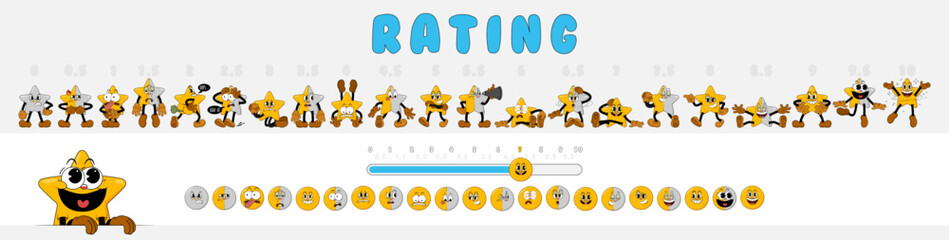 Rating scale from 1 to 10 with comic stars for consumer review. Cute rating stars characters in retro comic cartoon 1930s style. Customer feedback and positive rating. Mega set of rating stars, emoji