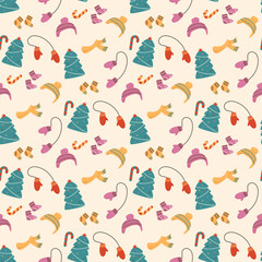 christmas seamless pattern with tree and warm clothes