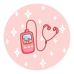 Cute hand-drawn phone and earphone in doodle cartoon style. Round composition in neutral candy colors. Kawaii element for card, social media banner, sticker, kids playroom decor. Vector illustration