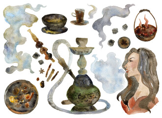 Hookah design elements set. Hookah, smoke clouds, smoking woman, coffee cup, charcoals and utensil in sketch style. Watercolor illustration
