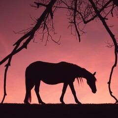 horse silhouette in the countryside  and sunset background in summertime