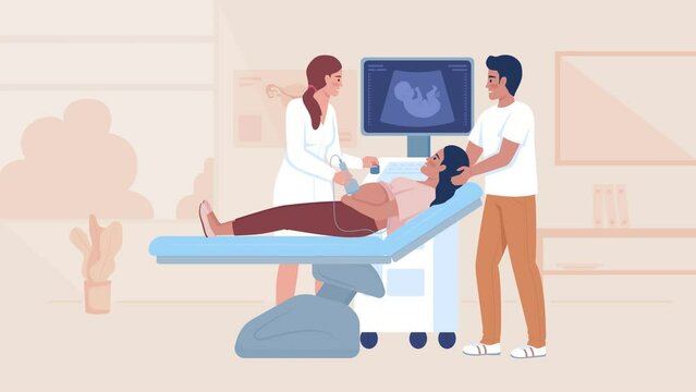 Animated prenatal test illustration. Fetal ultrasound. Pregnancy announcement. Looped flat color 2D cartoon characters animation video in HD with hospital interior on transparent background