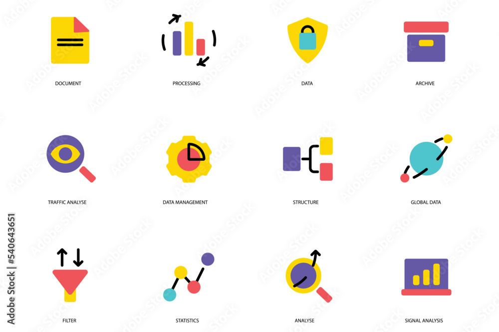 Aufkleber data analysis set of flat icons concept in the flat cartoon design. icons represent different types 