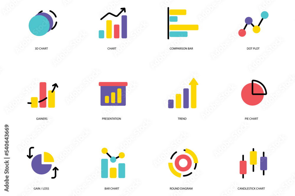 Poster diagram set of flat icons concept in the flat cartoon design. images with many types of diagrams and