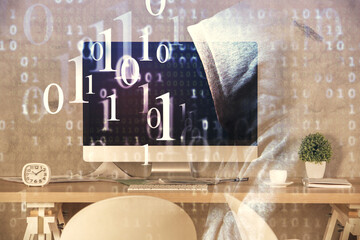 Multi exposure of data theme drawing and office interior background. Concept of technology.