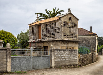 Beautiful village of Vigo in Spain, unique for its horreos, traditional granary barns
