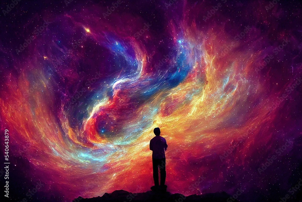 Wall mural alone_man_middle_watching_galaxy_space_imagine_abs generative ai