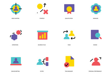 Management set of flat icons concept in the flat cartoon design. Images that represent activities that managers are engaged in. Vector illustration.