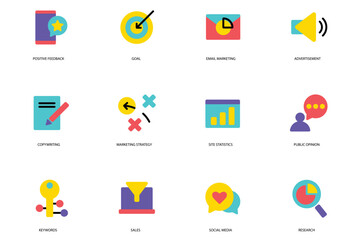 Fototapeta premium Marketing set of icons concept in the flat cartoon design. Different methods of advertises goods and services. Vector illustration.
