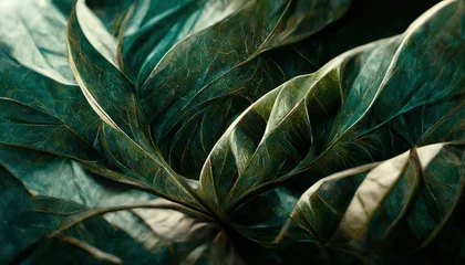 Poster Gold and green tropical leaves pattern on rough beige fabric closeup. Palm leaves, gold, black. Exotic decor of material for sewing. Floral style, 3d artwork © Zaleman