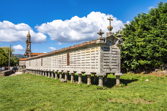 The long and narrow grain store, horreo at Carnota in Galicia, Spain.