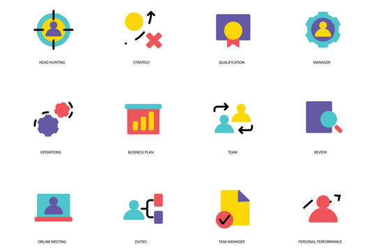 Management set of flat icons concept in the flat cartoon design. Images that represent activities that managers are engaged in. Vector illustration.