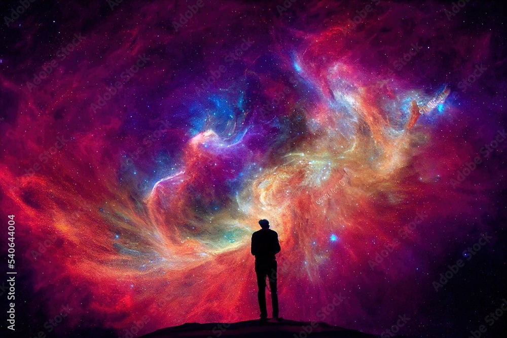 Wall mural alone_man_middle_watching_galaxy_space_imagine_abs generative ai