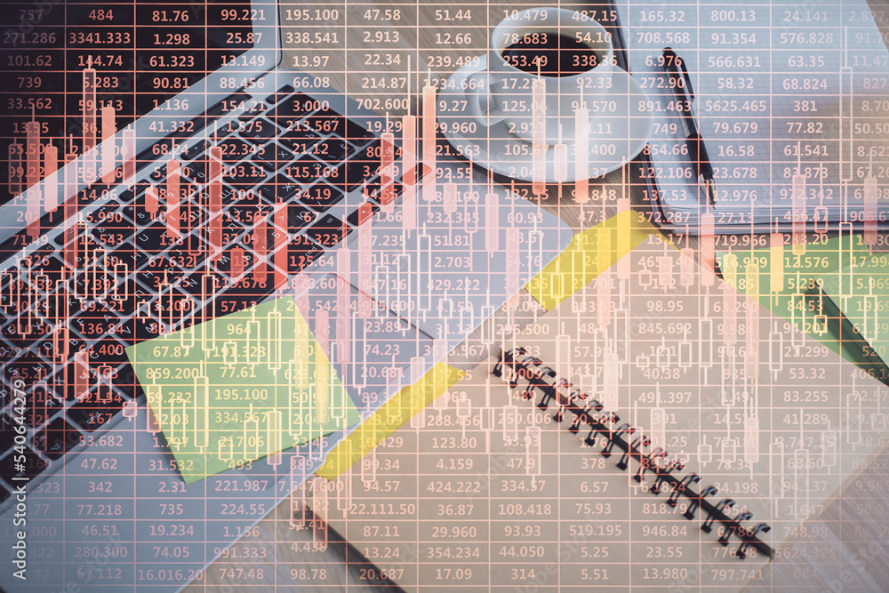 Poster Multi exposure of forex graph drawing and desktop with coffee and items on table background. Concept of financial market trading