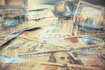 Multi exposure of forex chart drawing over us dollars bill background. Concept of financial success markets.