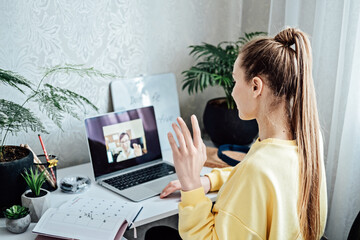 Young woman student applicant having online virtual video call job interview meeting with female hr recruiter or employer. Distance remote recruitment conference chat